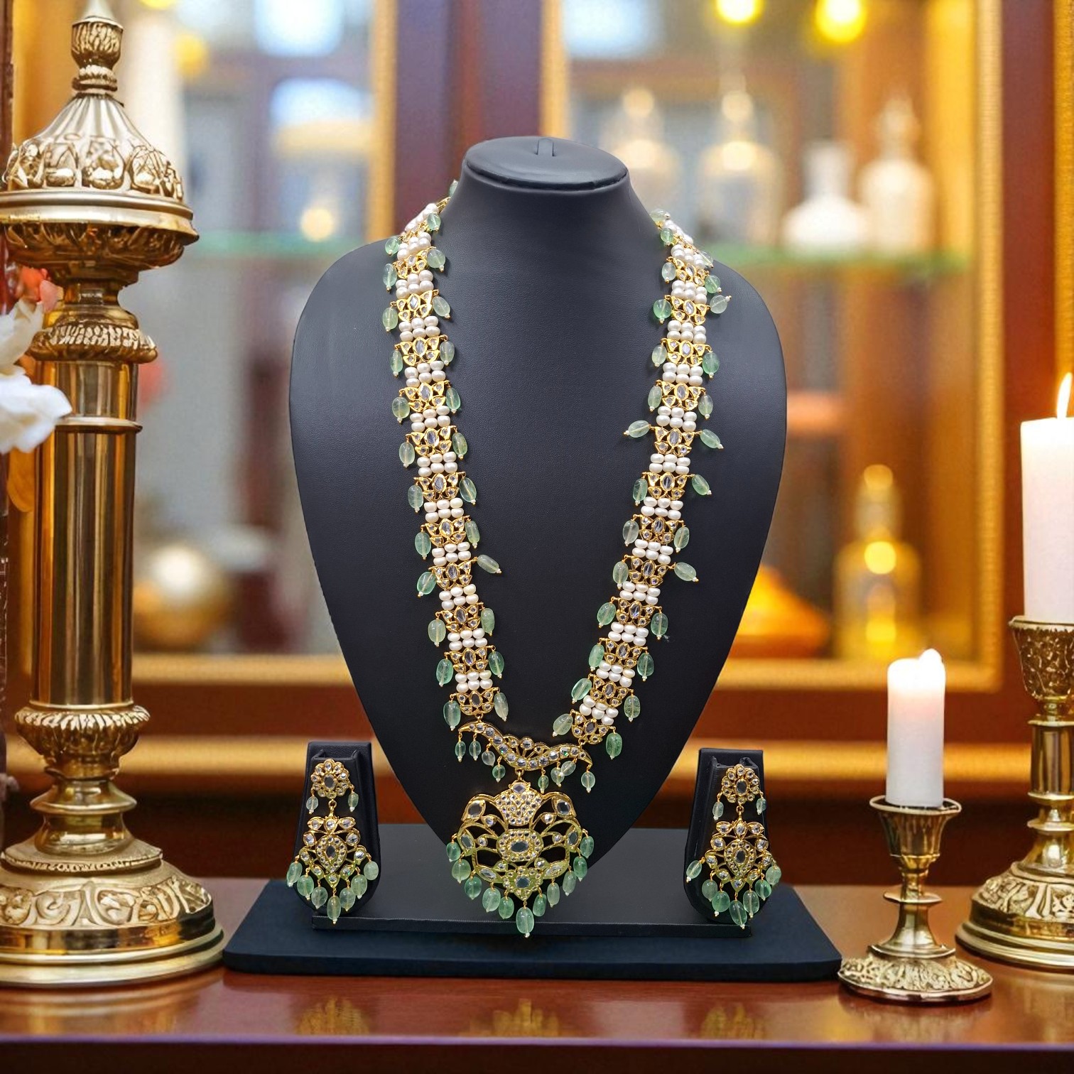 Zoya Asif Jahi Real Pearl & Green Stone Necklace